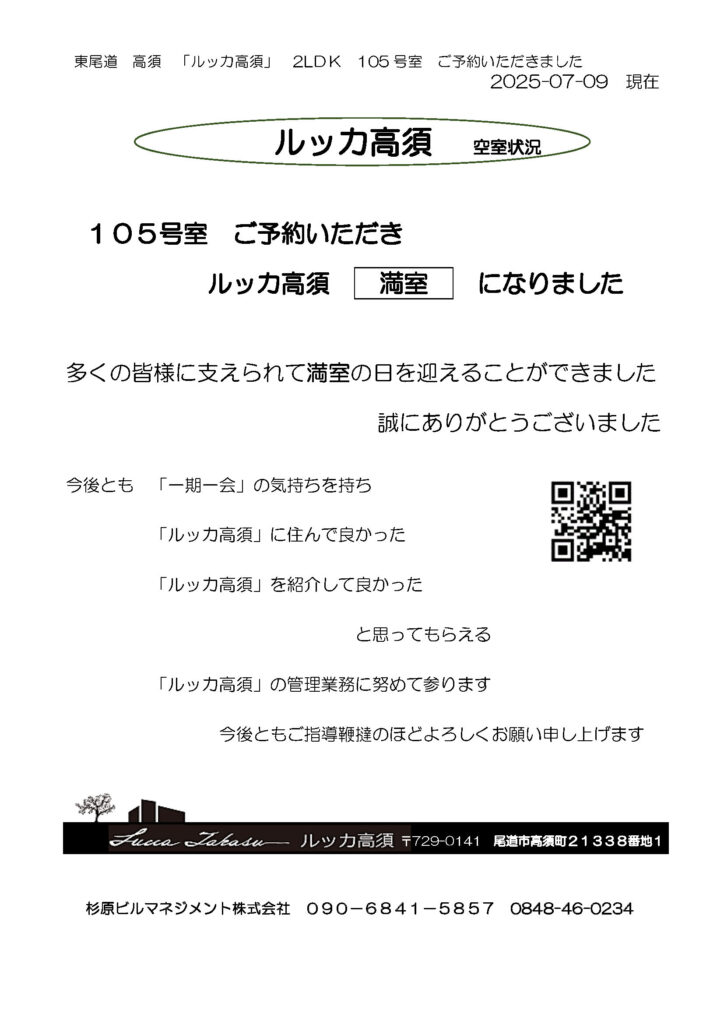 ルッカ高須満室になりました